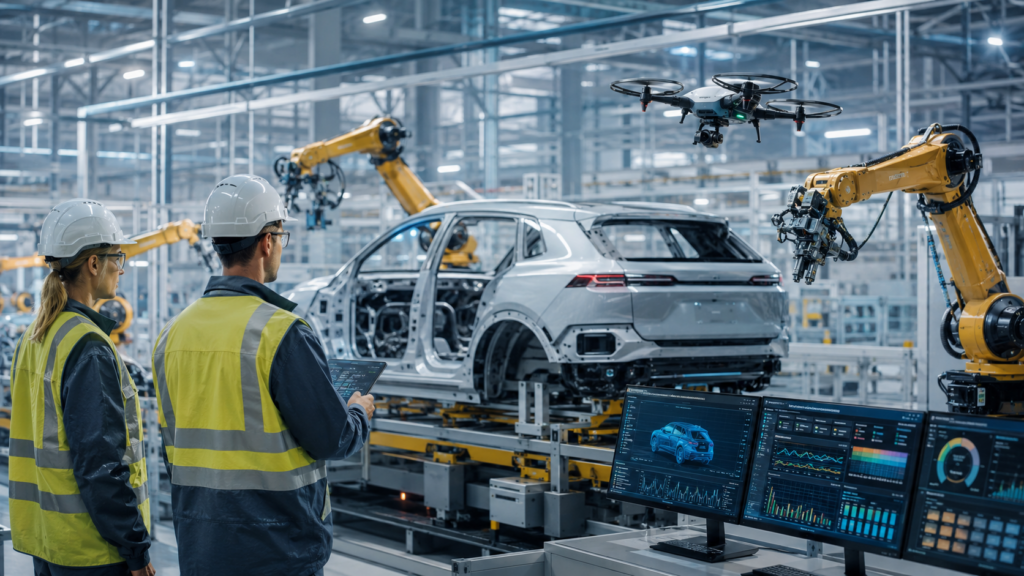 Representative image of a smart automotive factory with inspection drones and robotic EV assembly, highlighting how Jaguar Land Rover’s AI-led manufacturing push could help Tata Motors Passenger Vehicles protect margins during the electric vehicle transition.