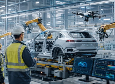 Representative image of a smart automotive factory with inspection drones and robotic EV assembly, highlighting how Jaguar Land Rover’s AI-led manufacturing push could help Tata Motors Passenger Vehicles protect margins during the electric vehicle transition.