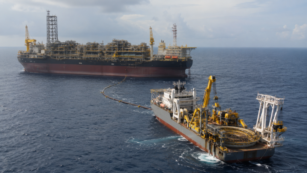 Representative image: A deepwater offshore production vessel and subsea construction ship illustrate TechnipFMC’s flexible pipe contract for Azule Energy’s $5.1 billion Greater PAJ project in Angola.