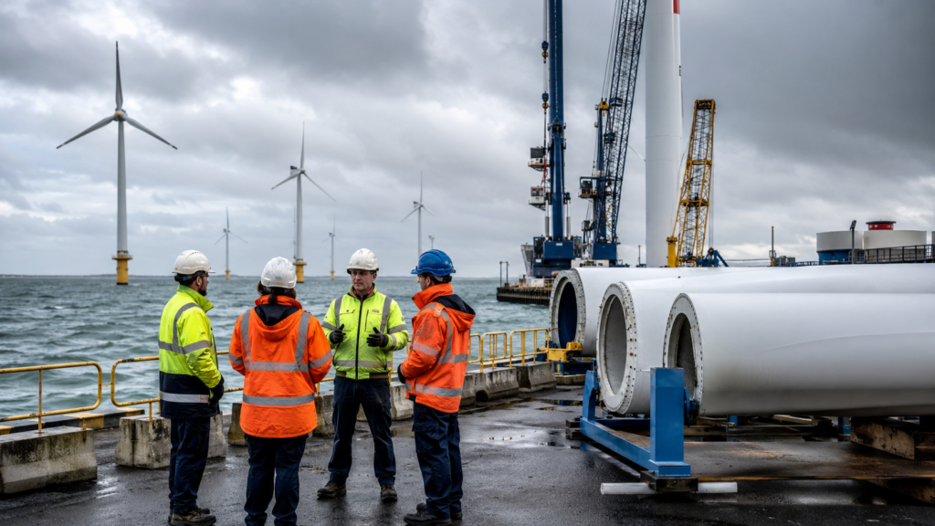 Representative image of offshore wind workers and turbine components at a UK port, as the Offshore Wind Fair Work Charter connects clean power growth with stronger labour standards.