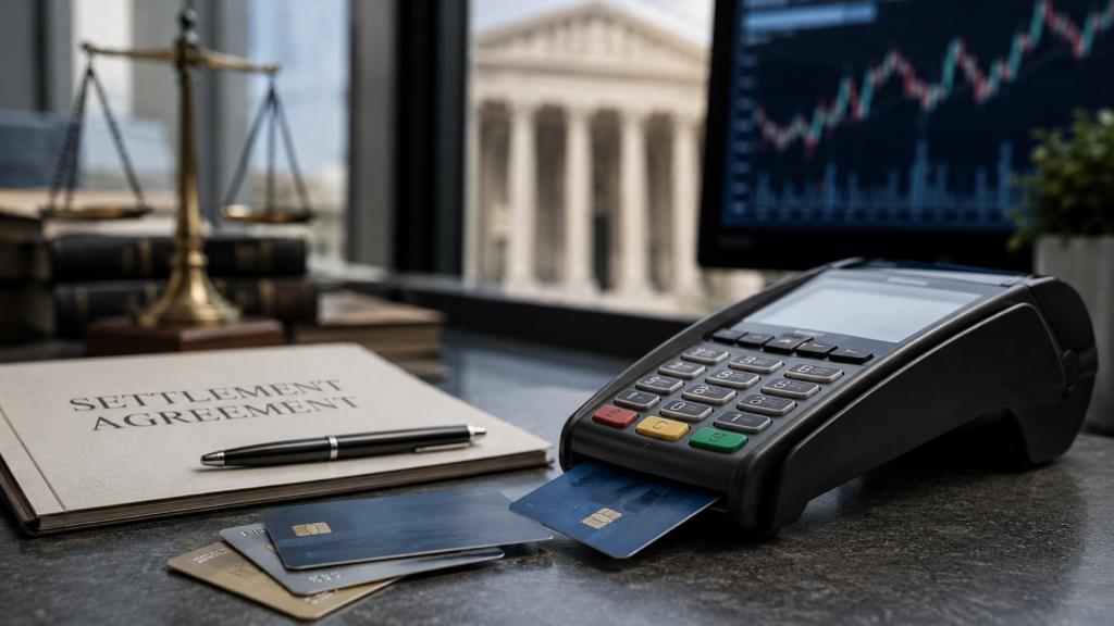 Representative image of a payment terminal, credit cards and settlement documents as Visa and Mastercard’s $38 billion swipe-fee deal puts V stock, MA stock, merchant fees, rewards cards, and U.S. payment regulation under investor scrutiny.