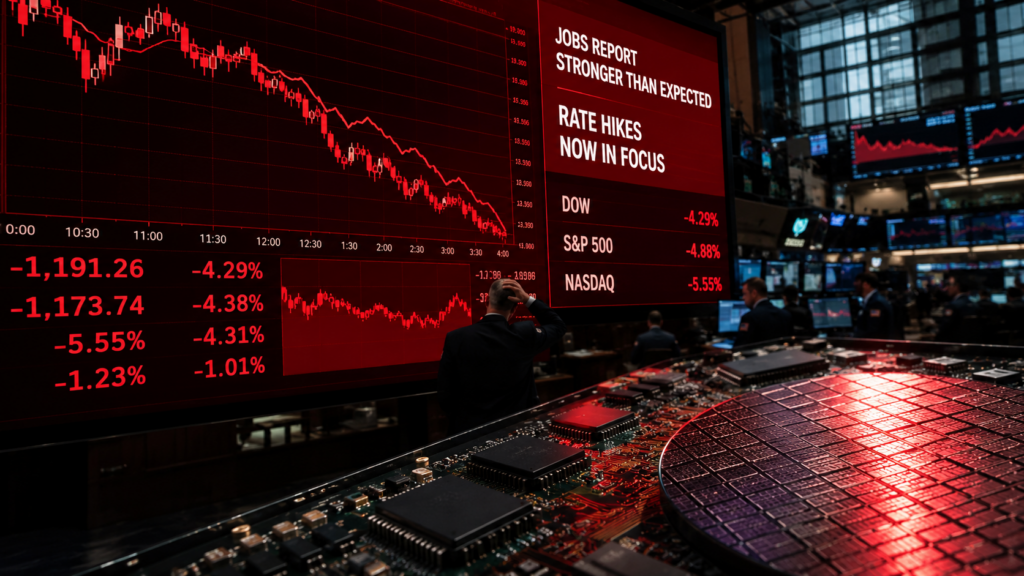 Representative image of a Wall Street market selloff as stronger jobs data fuels Federal Reserve rate fears and triggers a sharp AI chip stock rout.