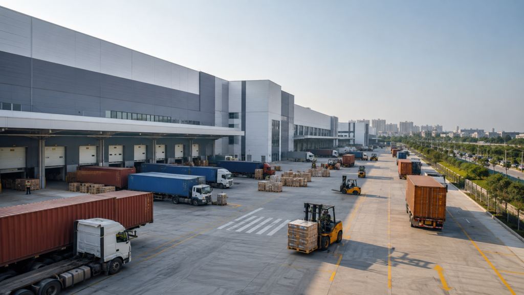 Representative image: Modern Grade A warehousing and logistics hub with trucks, loading bays and cargo movement, reflecting Welspun One’s 10 million square feet leasing push and India’s expanding industrial real estate supply chain.
