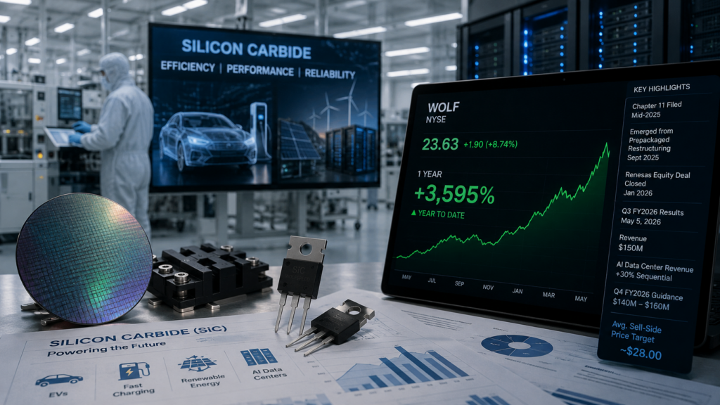 Wolfspeed stock rally and silicon carbide manufacturing strategy come into focus after Chapter 11 restructuring, Renesas backing and rising AI data center demand. Representative image.
