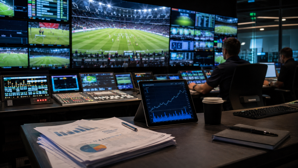 Representative image of a sports broadcast control room, highlighting how Zee Entertainment’s Rs 2,300 crore fundraise and FIFA World Cup rights push could reshape its media, streaming and investor growth strategy.