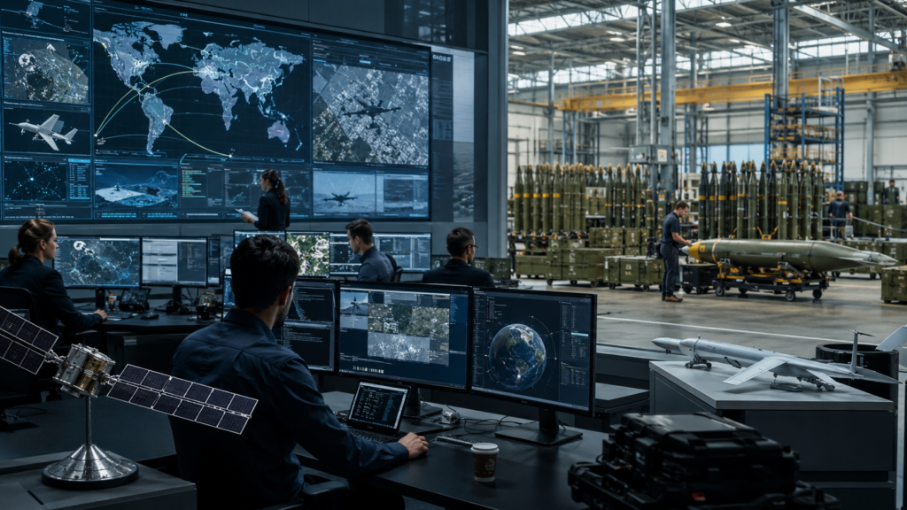 Representative image of a high-tech defense operations center and munitions facility, reflecting how record global defense spending is expanding beyond traditional contractors into satellite intelligence, software-driven systems, autonomy and missile stockpile replenishment.
