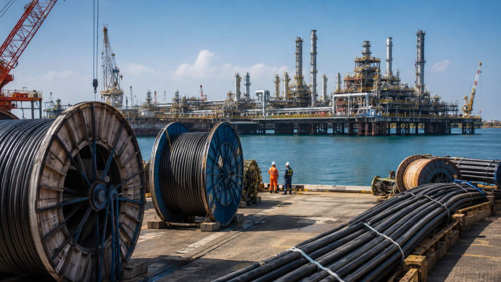 Representative image of industrial cable reels at an offshore energy facility, reflecting MESC’s SAR 175 million ADNOC-linked cable order for the Lower Zakum development project in the United Arab Emirates.