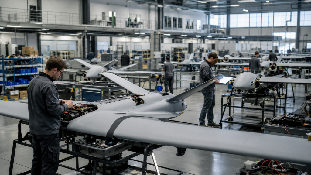 Representative image: A modern drone manufacturing facility reflects Schaeffler and Delair’s plan to scale European military drone production to 100 units a day in France.