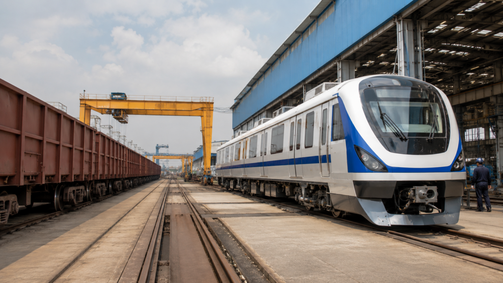 Representative image of a rail manufacturing yard with modern passenger coaches and freight wagons, illustrating Titagarh Rail Systems’ Q4 FY26 execution challenge as investors track its order book, Vande Bharat pipeline and railway manufacturing growth outlook.