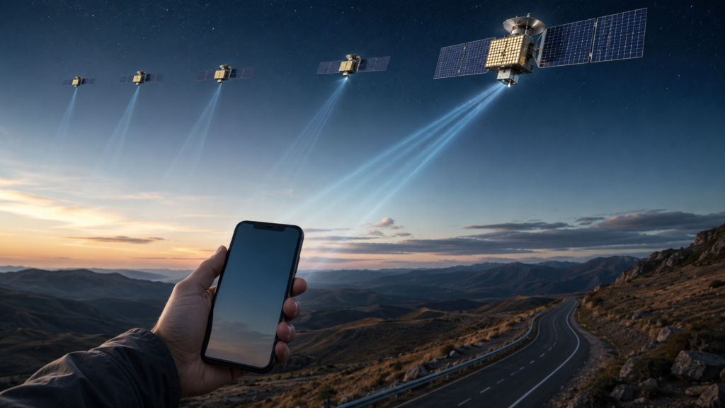 Representative image of satellite-to-smartphone connectivity as AST SpaceMobile prepares for key BlueBird satellite launch milestones and direct-to-cell broadband expansion.