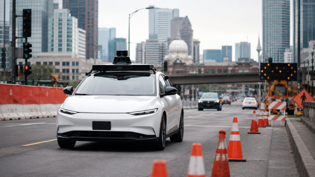 Representative image of a self-driving robotaxi near a construction zone, reflecting how Waymo’s recall has renewed questions about autonomous vehicle safety, freeway operations and regulatory scrutiny.