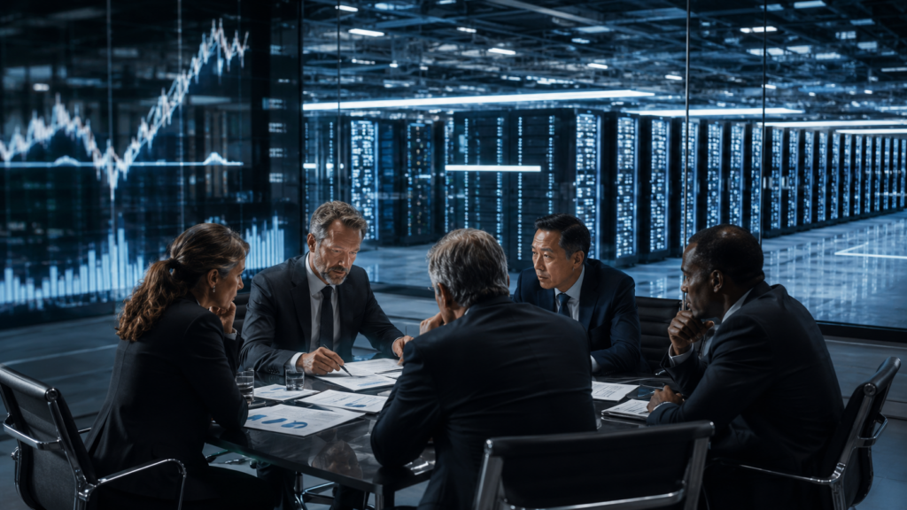 Representative image of technology executives reviewing artificial intelligence infrastructure investment plans, as Alphabet Inc.’s planned 80 billion dollar capital raise highlights the rising financial pressure behind the global AI data center race.