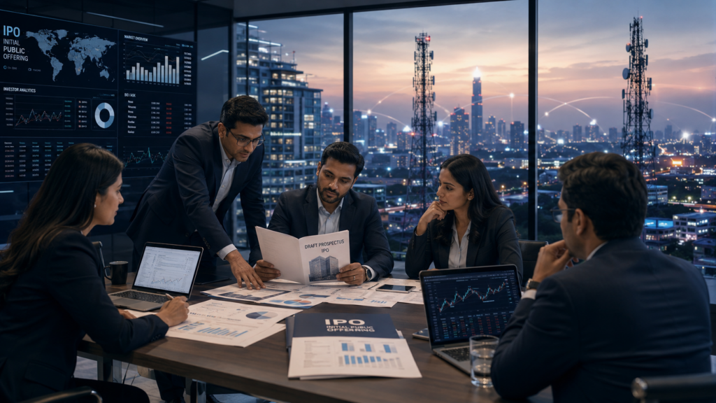 Representative image: A telecom-focused IPO strategy meeting illustrates Jio Platforms Limited’s proposed public listing as Reliance Industries Limited seeks to unlock value from India’s largest digital and connectivity ecosystem.