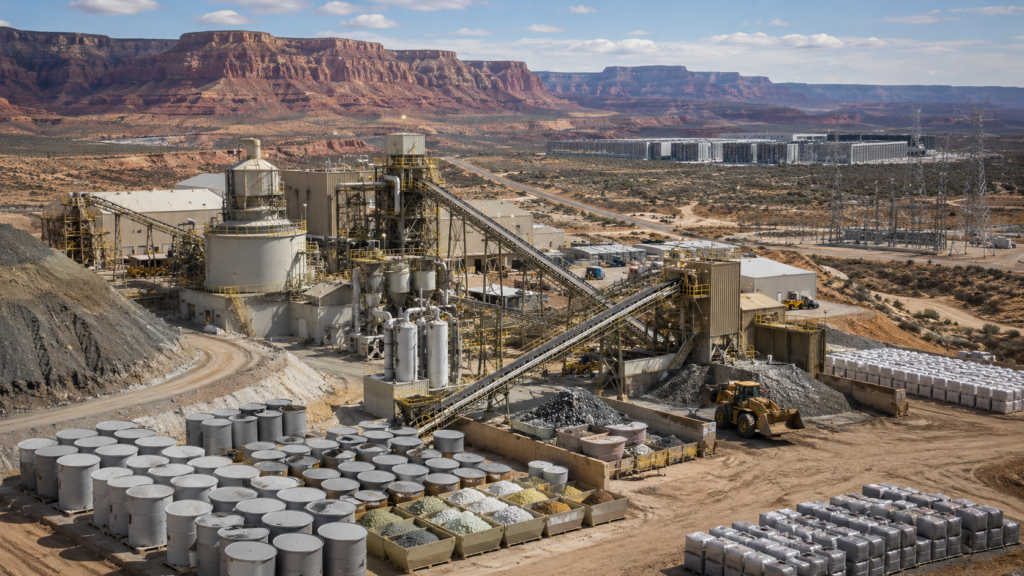 Representative image of a uranium and rare earths processing facility, reflecting Energy Fuels’ push to lift uranium oxide production and expand critical minerals capacity amid rising nuclear fuel and AI power demand.