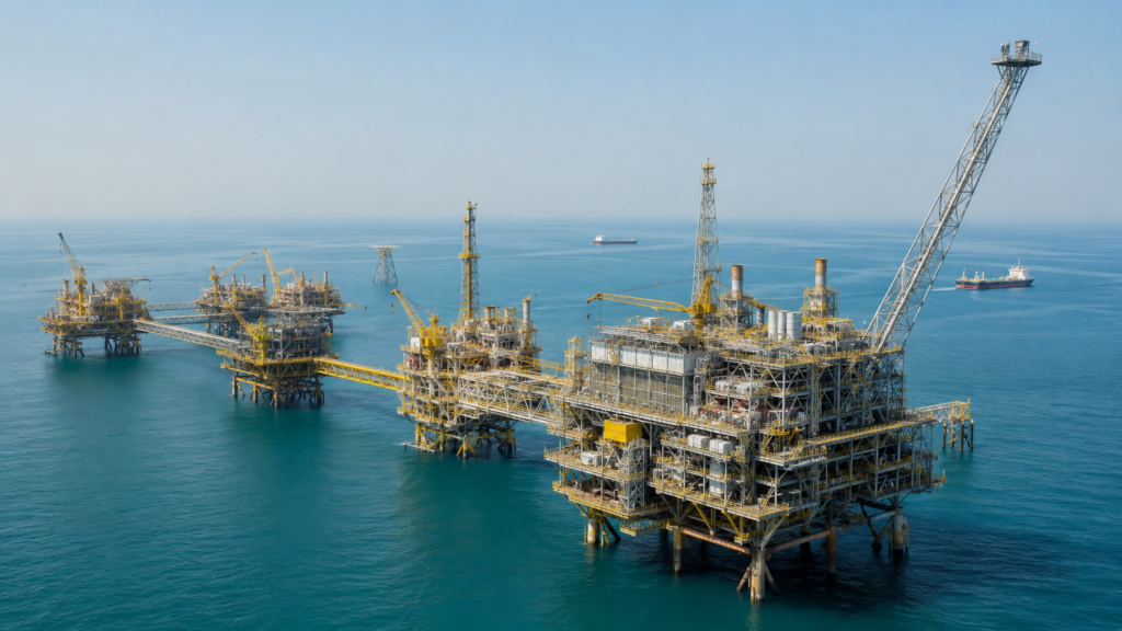 Offshore gas infrastructure in Abu Dhabi waters, illustrating how ADNOC’s $6.2bn Umm Shaif Gas Cap project aims to expand UAE gas supply from a mature field by 2030. Representative image.