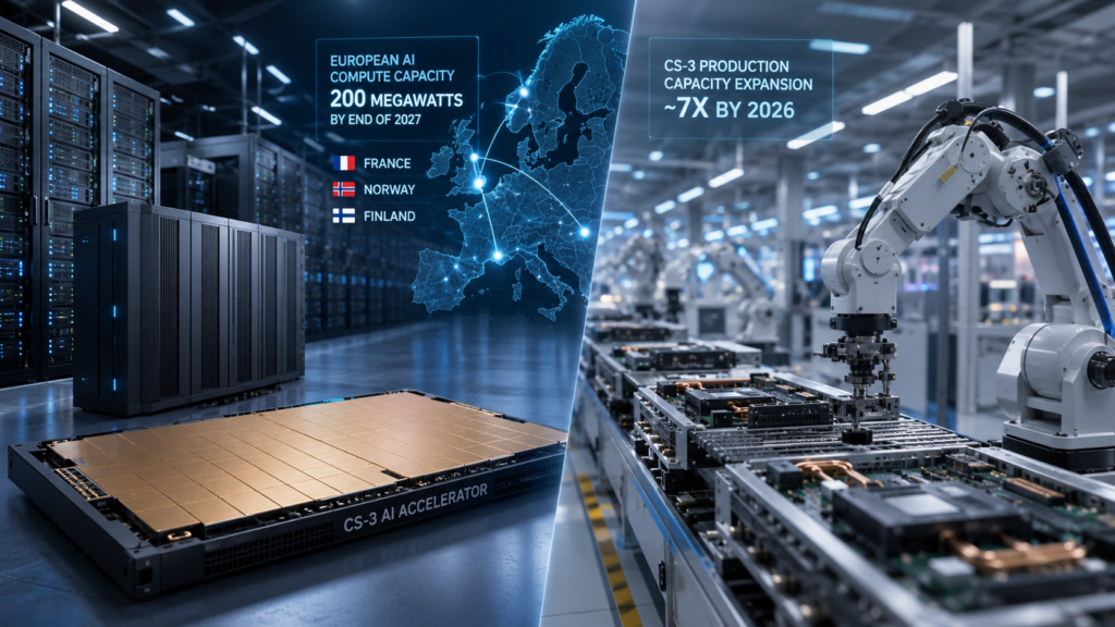 Representative image of AI data center infrastructure and accelerator manufacturing as Cerebras Systems expands European compute capacity and scales CS-3 production.
