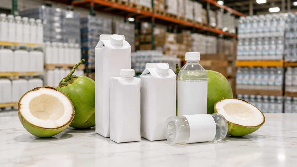**Representative image:** Unbranded coconut water products and fresh coconuts illustrate The Vita Coco Company’s strong sales growth as investors assess whether higher margins and earnings can support $COCO.