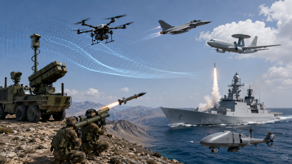 Representative image of India’s ₹52,000 crore Defence Acquisition Council approval, highlighting future opportunities in counter-drone warfare, missile systems, naval unmanned aircraft and high-altitude surveillance platforms.