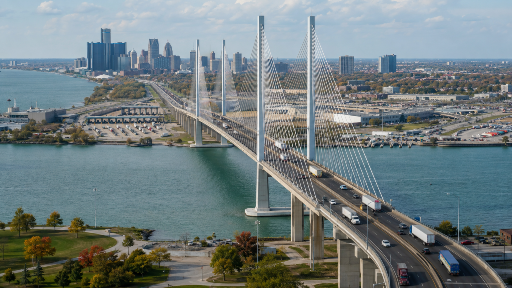 The C$6.4 billion Gordie Howe International Bridge opens a major new Detroit-Windsor trade corridor, adding freight capacity and strengthening Canada-US supply-chain connectivity. Representative image.