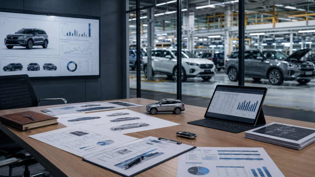 An automotive strategy office overlooking a passenger-vehicle production line reflects Toshiyuki Yanagisawa’s appointment as Honda Cars India chief executive officer as the automaker advances its 2028 India growth, hybrid and digital mobility plans. Representative image.