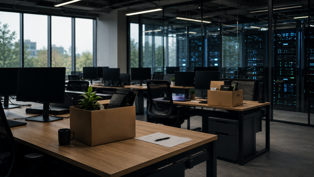 An empty technology office beside active server infrastructure reflects Krutrim’s reported layoffs as the Bhavish Aggarwal-led company narrows its focus to artificial intelligence cloud and enterprise services. Representative image.