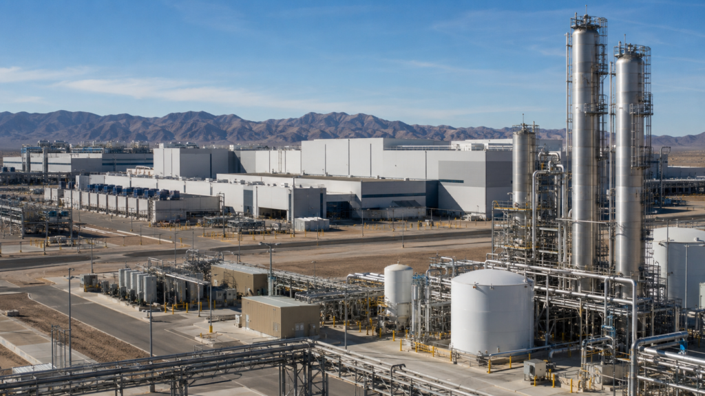 Industrial gas infrastructure supporting a large semiconductor manufacturing complex, reflecting Linde plc’s planned $1 billion investment to expand ultra-high-purity gas supplies for new chip fabrication facilities in Phoenix, Arizona. Representative image.
