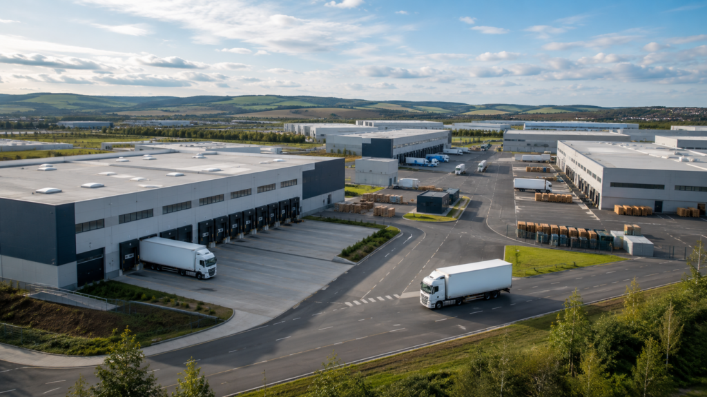 A modern French logistics and warehouse complex reflects Morgan Stanley Real Estate Investing’s acquisition of five fully occupied assets spanning Paris, Lille, Bordeaux, Nîmes and Tours. Representative image.