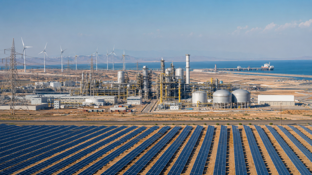 Representative image of a large-scale green hydrogen and ammonia complex in a desert coastal setting, illustrating how the NEOM Green Hydrogen Project aims to turn 4GW of Saudi renewable power into export ammonia by 2027.