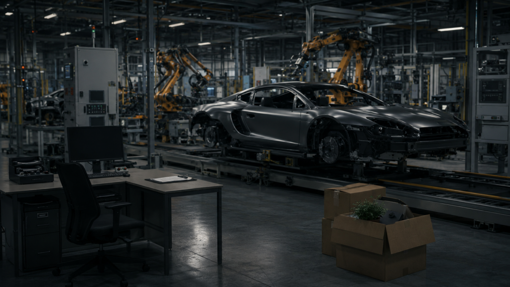 An automated luxury-car production line reflects Porsche’s plan to eliminate 5,000 additional jobs as weakening China sales and a slower electric vehicle transition drive a broader restructuring. Representative image.