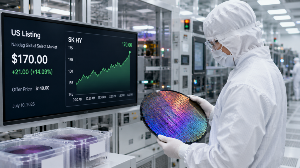 Representative image of semiconductor manufacturing as SK hynix Inc. completes a record US listing, with its Nasdaq ADRs opening above the offer price amid strong investor demand.