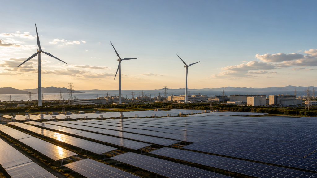 Representative image: Utility-scale solar panels and wind turbines illustrate the renewable energy platform being developed by SK Inc. and KKR to support South Korea’s growing demand from artificial intelligence data centres, semiconductor plants and industrial power users.