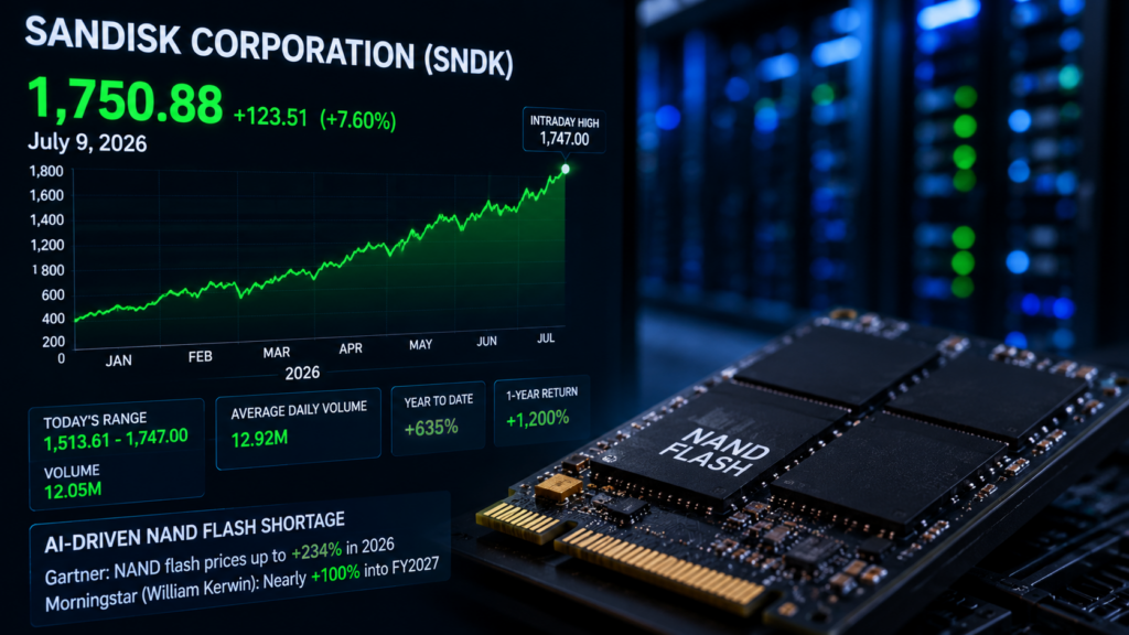Representative image of NAND flash memory and data centre infrastructure as SanDisk Corporation shares rebound amid an AI-driven storage shortage and surging chip prices.