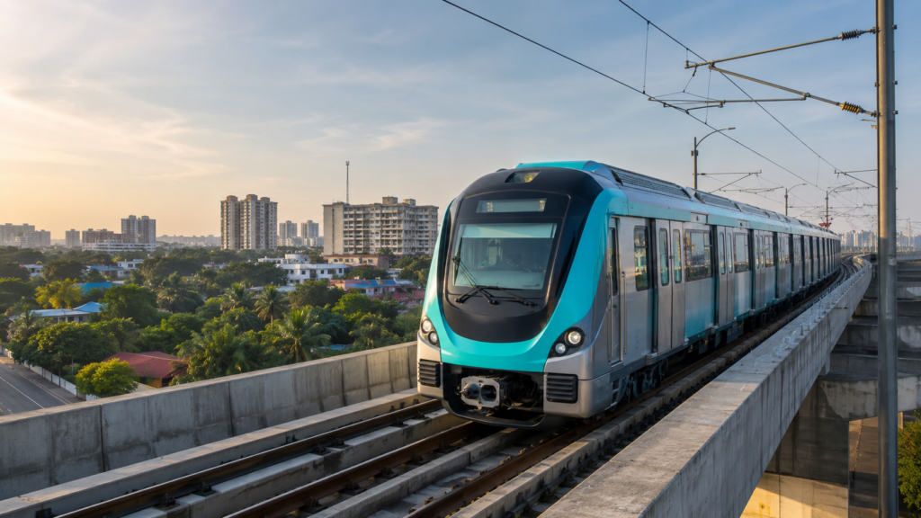 A modern metro train travels along an elevated urban corridor, illustrating Siemens Limited’s ₹91.65 crore telecommunications contract for Kochi Metro Phase II and the expanding Kakkanad to Infopark route. Representative image.