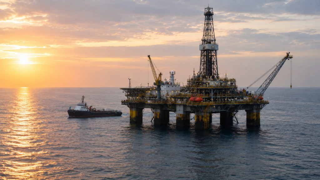 Representative image of a deepwater oil platform offshore Nigeria as Exxon Mobil Corporation advances the $1 billion Usan Infill Project to add new crude production.