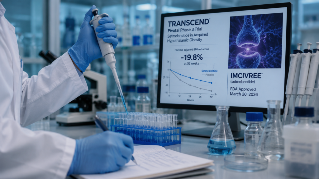Representative image of obesity drug research as Rhythm Pharmaceuticals gains peer-reviewed validation for setmelanotide after the TRANSCEND Phase 3 trial publication.
