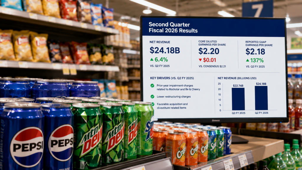 Representative image of soft drinks and packaged snacks in a supermarket as PepsiCo, Inc. reports a second-quarter revenue beat but signals caution over its North America outlook.
