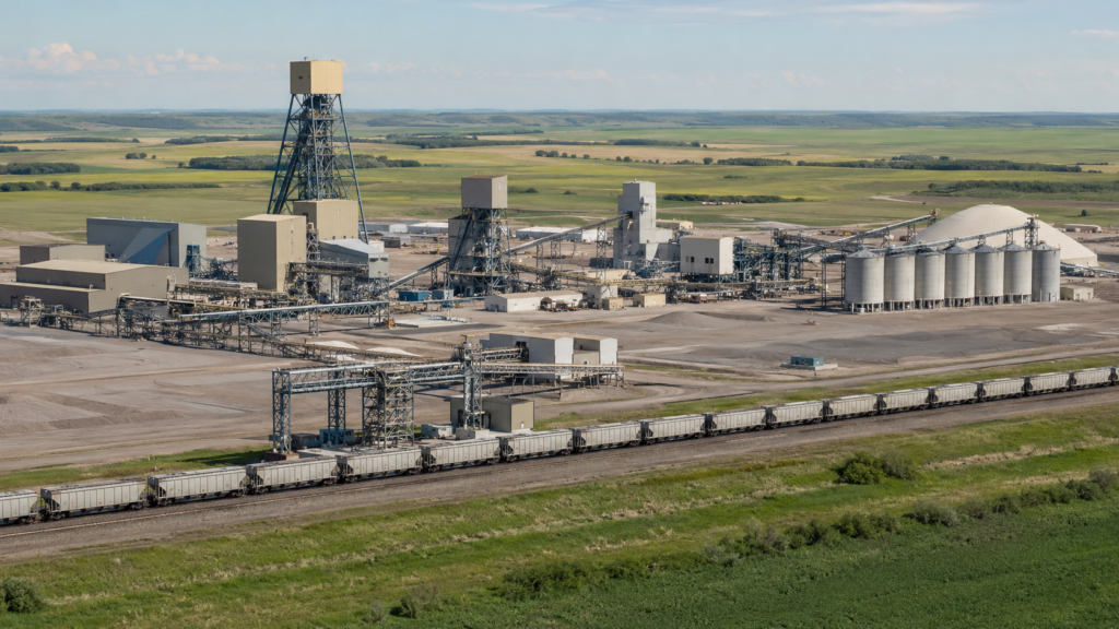 Potash mining and rail export infrastructure in Saskatchewan, illustrating how BHP’s Jansen Potash Project aims to build an 8.5Mtpa fertiliser supply platform ahead of mid-2027 first production. Representative image.