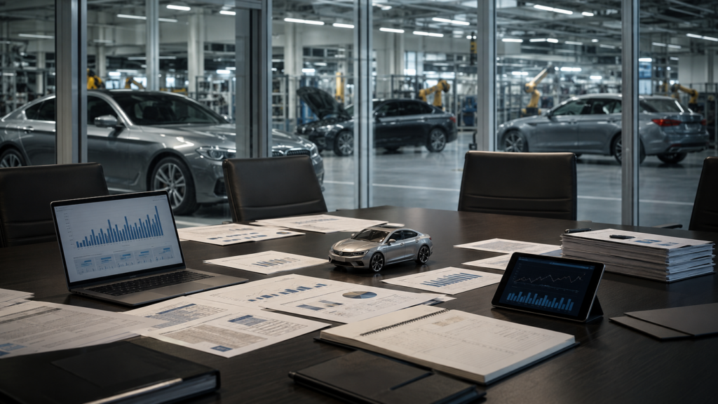 An automotive strategy room overlooking a modern production line reflects BMW’s planned 8,000 job cuts as weaker China sales and shrinking margins drive a deeper global cost restructuring. Representative image.
