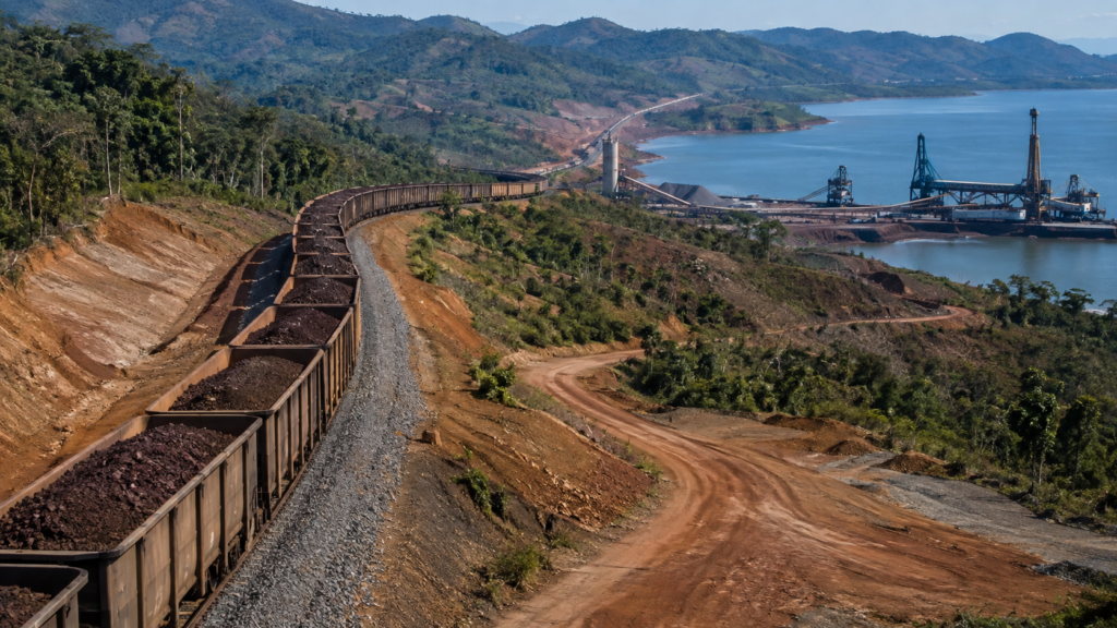 Representative image of an iron ore train and coastal export port, illustrating how Guinea’s Simandou Iron Ore Project is ramping up its 120Mtpa mine, rail and port system for global steel markets.