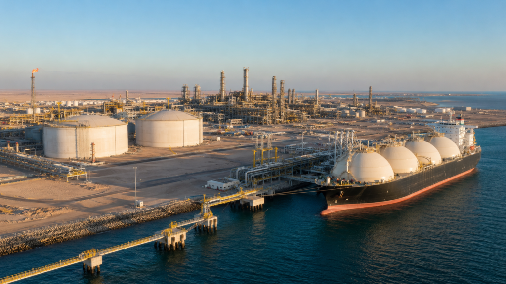 LNG export terminal infrastructure in Abu Dhabi, illustrating how ADNOC’s 9.6Mtpa Ruwais LNG Project aims to expand UAE gas exports with a clean-powered plant scheduled for 2028 start-up. Representative image.