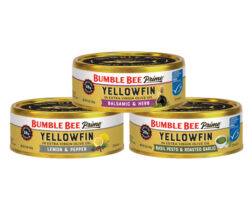 Bumble Bee Seafoods is introducing its Prime Yellowfin tuna, preserved in Extra Virgin Olive Oil, in three delectable flavors: Lemon & Pepper, Balsamic & Herb, and Basil Pesto & Roasted Garlic, packaged in 5 oz. cans