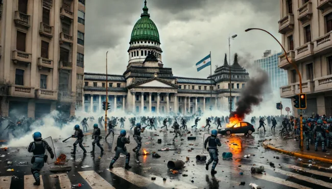 Intense scenes in Buenos Aires as protesters clash with riot police over controversial budget cuts.