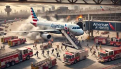 A laptop battery ignites on an American Airlines flight, leading to an emergency evacuation at San Francisco International Airport.