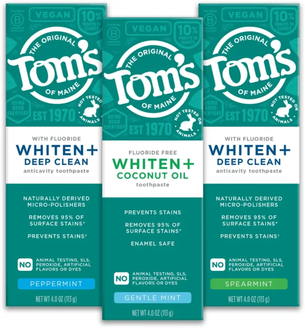Tom’s of Maine Whiten+ Toothpaste, a natural whitening toothpaste that removes 95% of surface stains in two weeks.