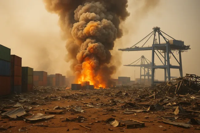 Representative image: Fires rage and thick smoke rises after a deadly chemical blast at Iran’s Shahid Rajaee port in Bandar Abbas, halting operations and triggering major investigations.