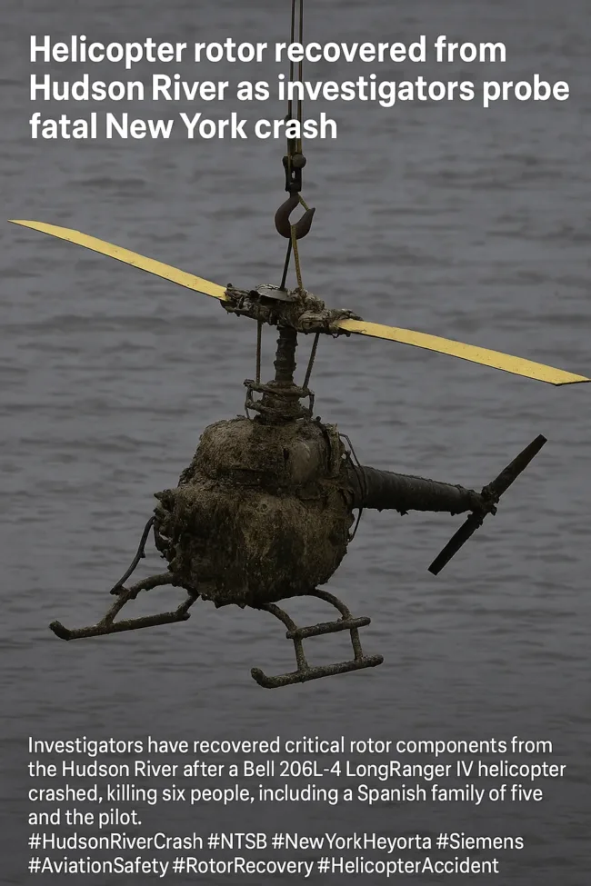 Representative image: Helicopter rotor recovered from Hudson River as investigators probe fatal New York crash