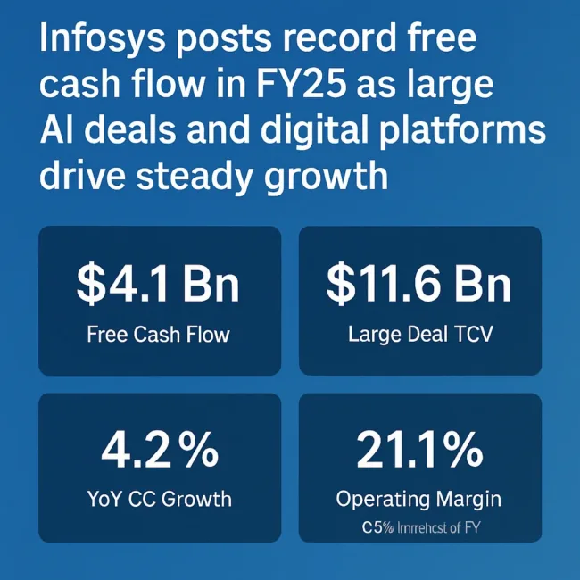 Infosys reports record free cash flow of $4.1 billion in FY25 as margins improve and AI deals accelerate