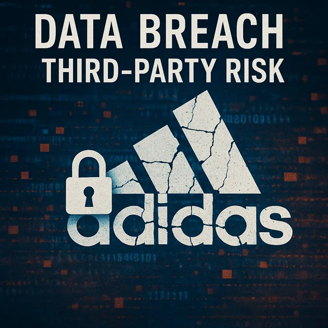 Representative image depicting the Adidas logo fragmented under a digital padlock overlay—symbolizing the brand’s latest customer data breach linked to third-party risk exposure.