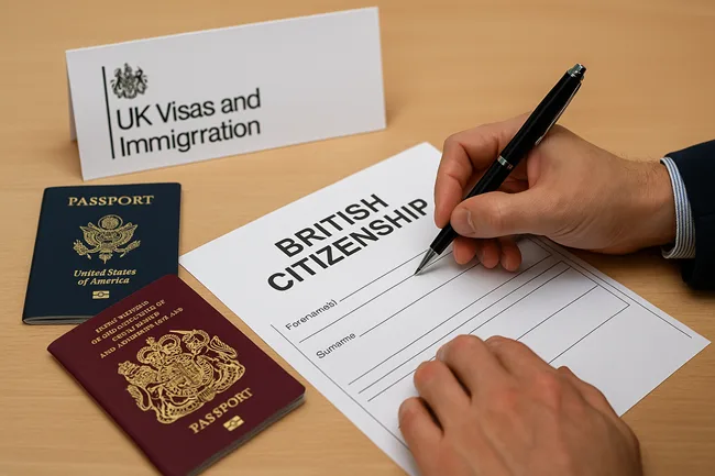Representative image of a UK citizenship application in progress—featuring British and American passports on a UK Visas and Immigration desk as transatlantic migration surges in 2025.