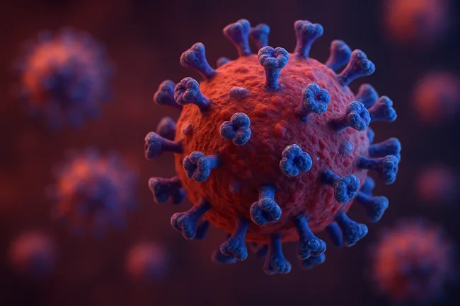 Representative image of a SARS-CoV-2 subvariant structure with hospital hallway overlay—highlighting the surge of NB.1.8.1-linked COVID-19 hospitalizations in Hong Kong in May 2025.